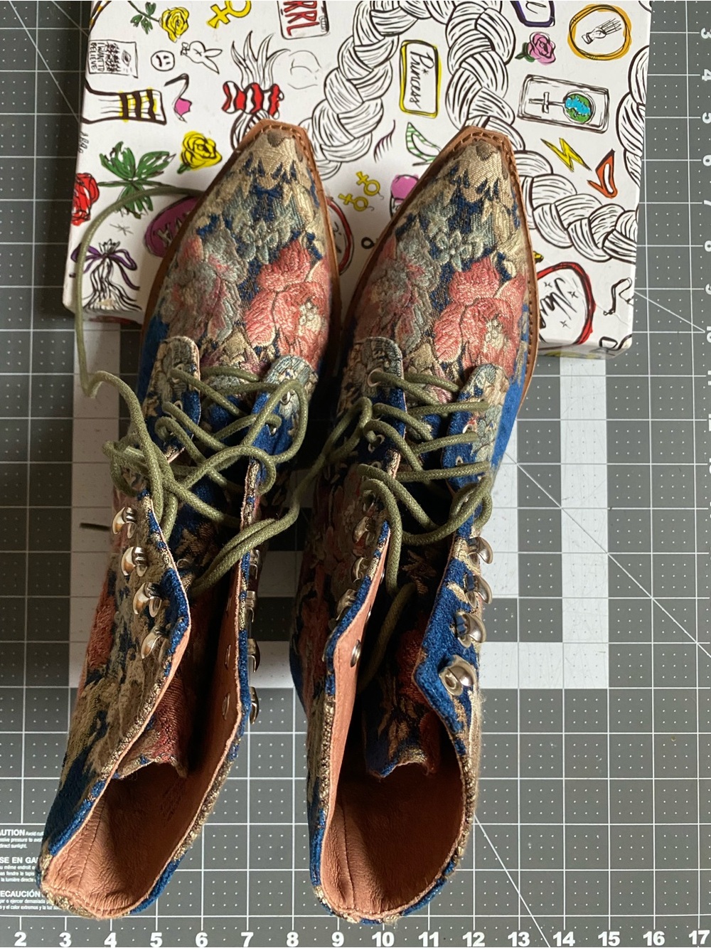 Jeffrey Campbell Floral Tapestry Lace-Up Ankle Boots - Blue, Pink, Green